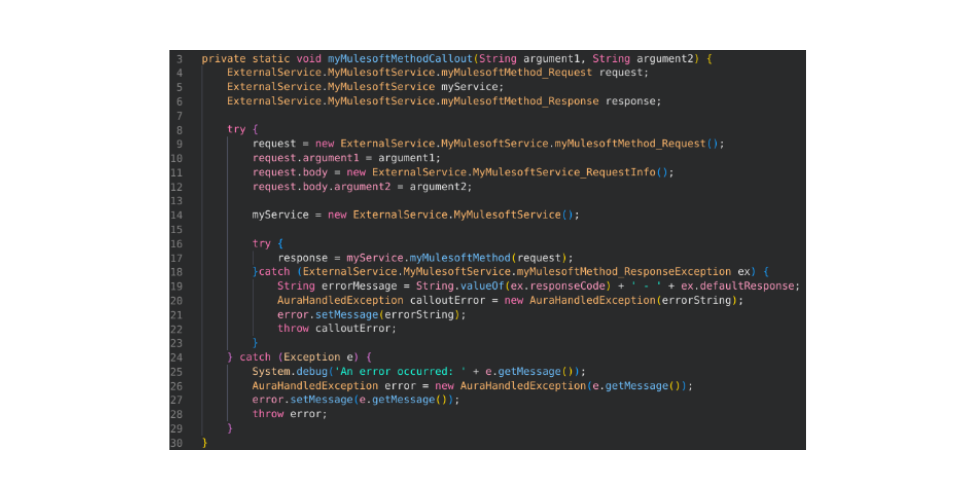 Mulesoft example code, black background with colorful text