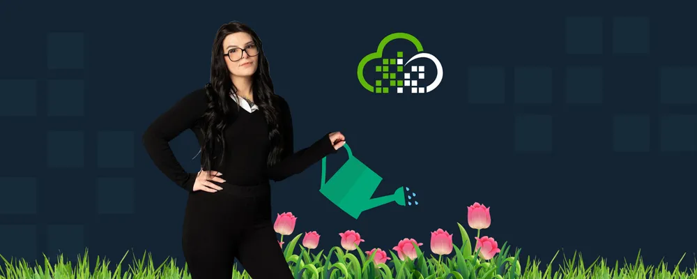 Kelsey looking very sassy while watering a garden with the Digital Mass cloud logo overhead